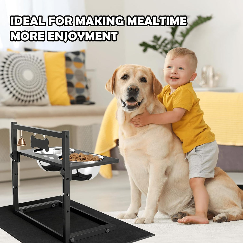 Elevated Dog Bowls with Slow Feeder and Spill Proof Mat, Adjustable Height 4.3-11.8'', Two 1.7L Stainless Steel Food