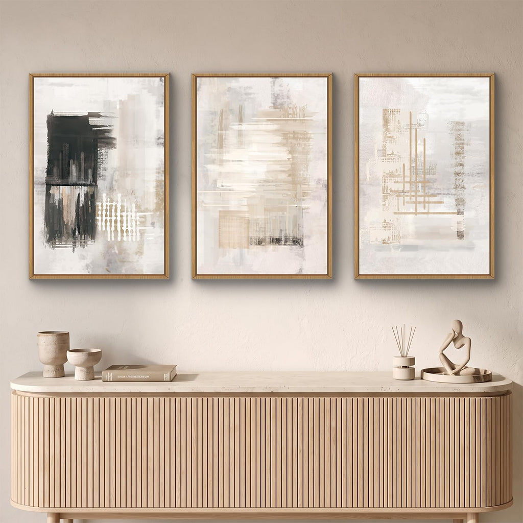 Modern Abstract Canvas Wall Art, Set of 3 Framed Art Prints, Black and White Large Wall Painting, 16x24inch Neutral