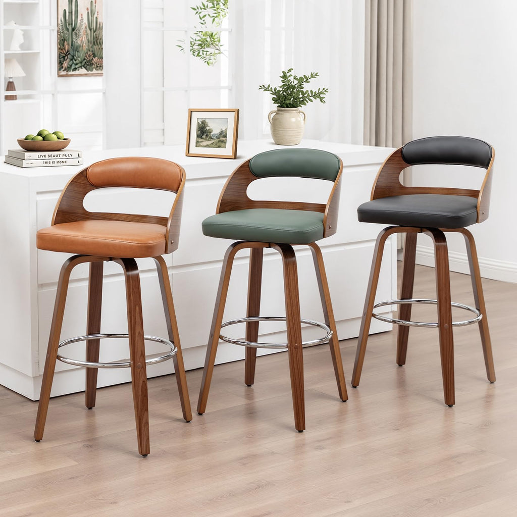 Mid Century Counter Stools with Walnut Bentwood Frame, 25" Seat Height