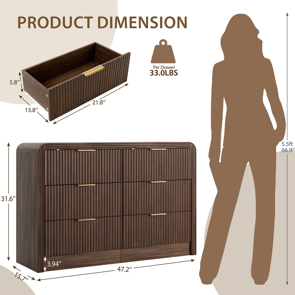 47" W Fluted 6-Drawer Dresser, Walnut