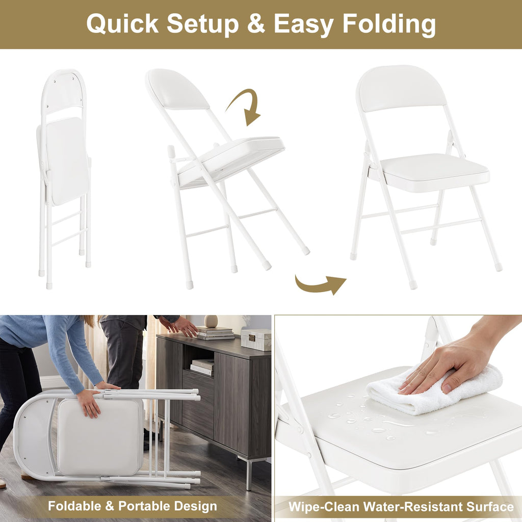 Folding Chairs Set of 2, Faux Leather Padded, White