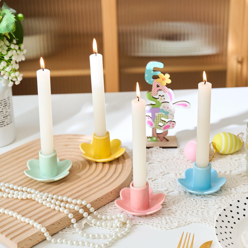 Colorful Ceramic Candlestick Holders Set of 4, Cute Easter Taper Candle Holders Chic Flower Shaped Table Centerpiece