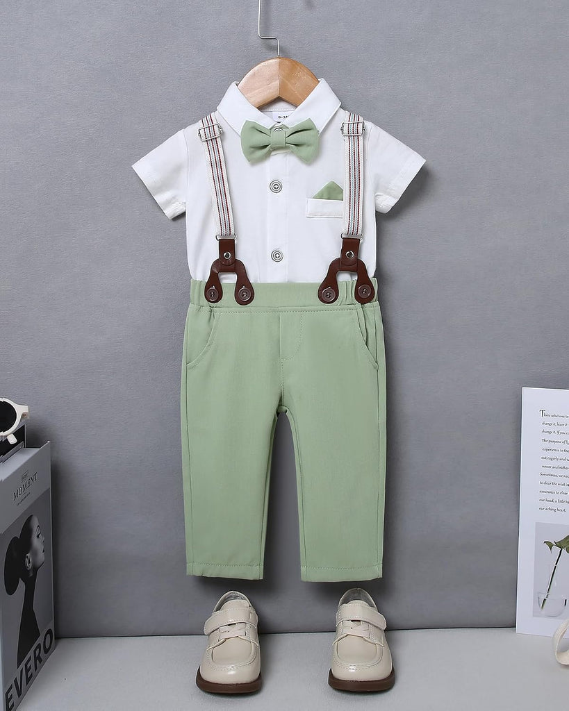 Baby Boy Clothes Suit Infant Gentleman Wedding Outfit, Shirt+Bowtie+Beret+Suspender Pants Clothing Set