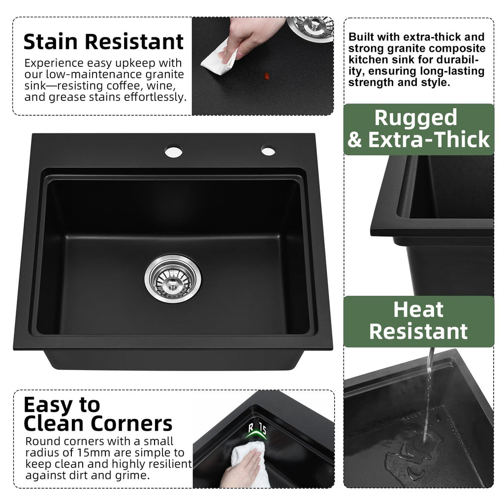 22 Inch Granite Kitchen Sink Workstation, 22 x 19 Black Drop In/Undermount Kitchen Sink, Deep Quartz Composite Single