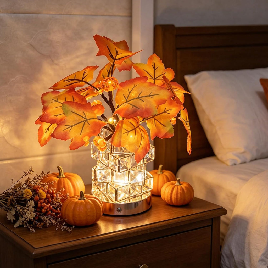 Crystal Cube LED Maple Leaf & Pumpkin Fall Centerpiece Lamp Desk Home