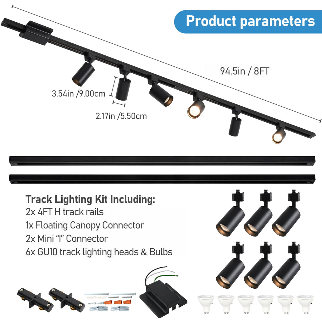 8FT LED Track Lighting Kit with 3-Color GU10 Bulbs, Dimmable 6 Lights Black