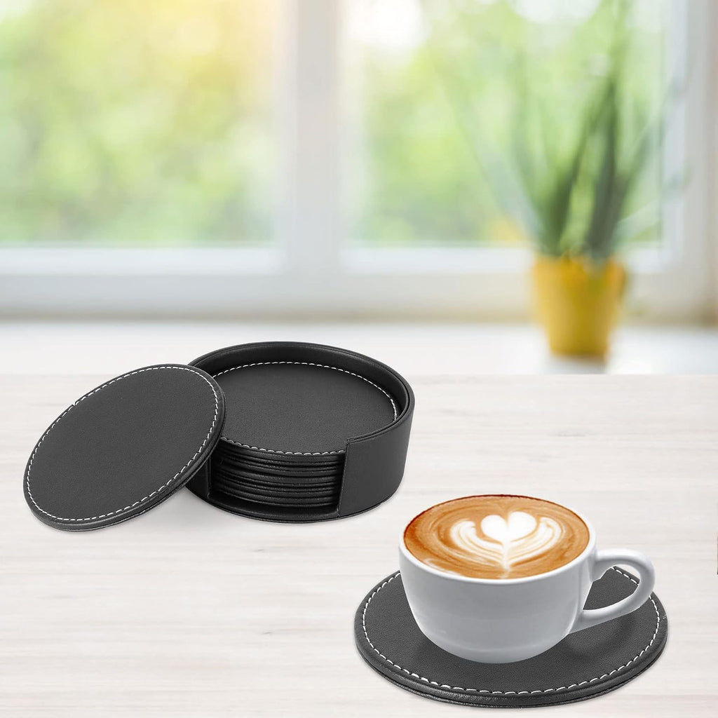 Durable Round Black Leather Coaster for Drinks with Holder (6 Pack) - Set of 6