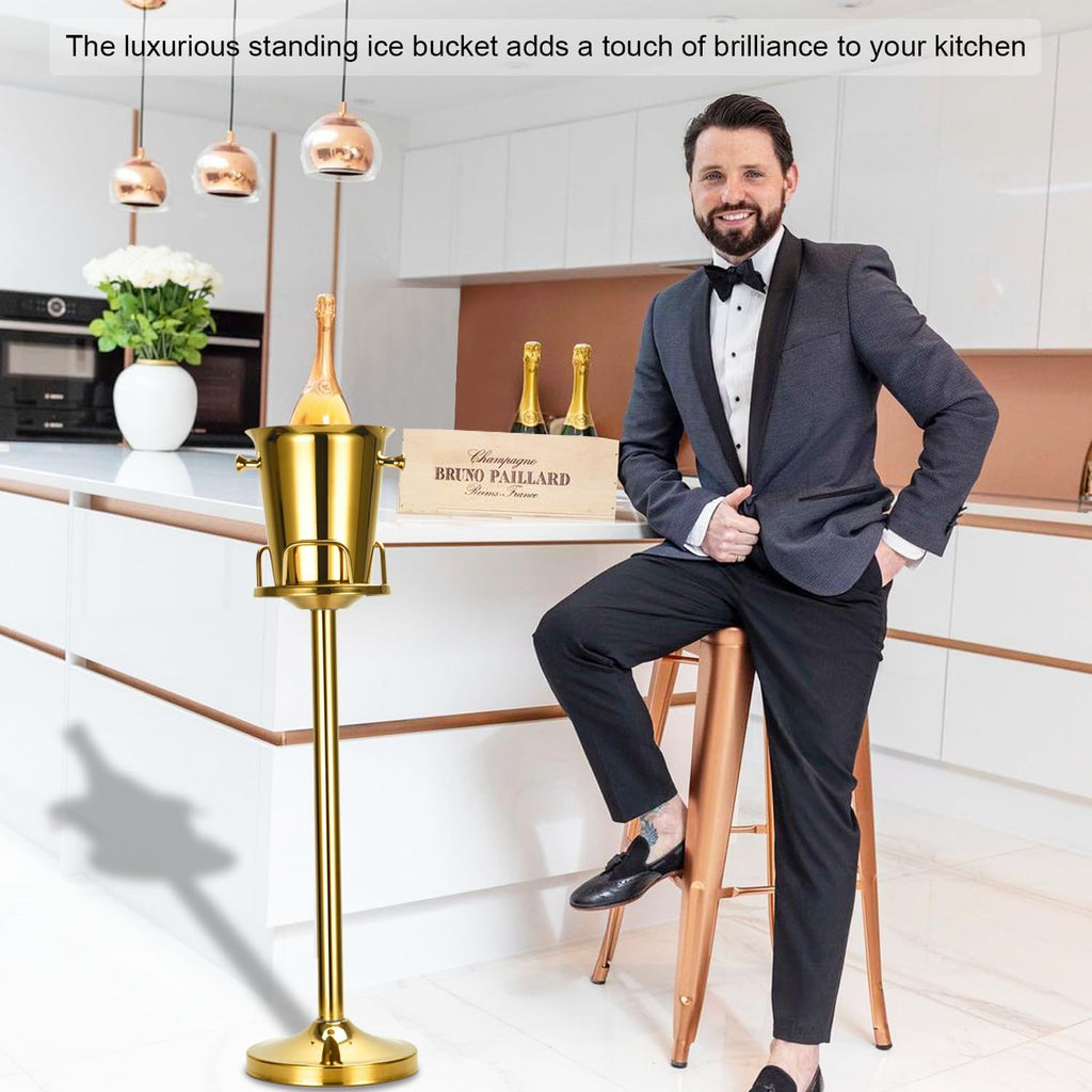 Champagne Bucket with Stand,Ice Bucket with Stand Stainless Steel Bucket Wine Chiller On Stand 12Lb Hammered Tall Ice - Set of 2
