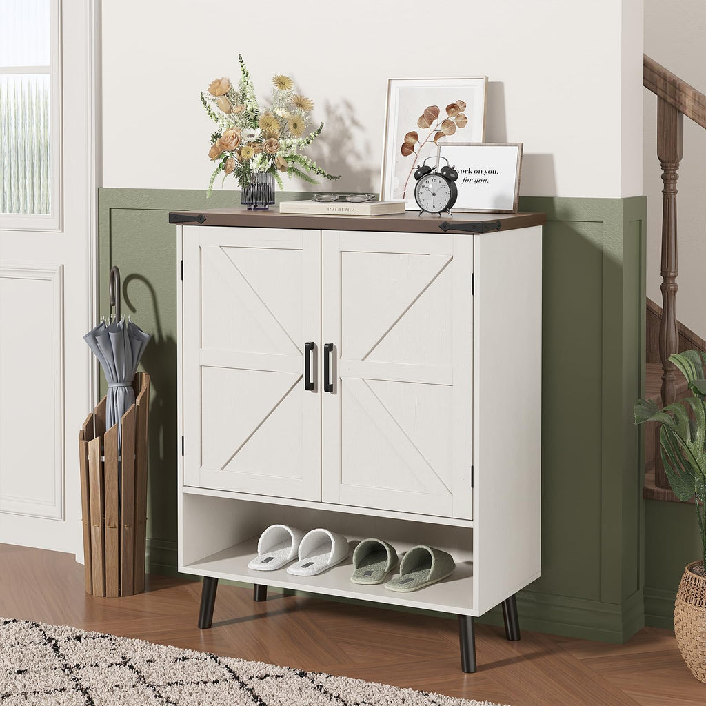 34" Tall Farmhouse Shoe Storage Cabinet with Barn Doors, White
