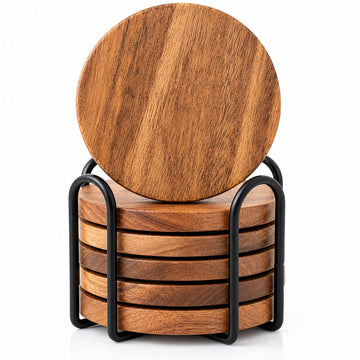 Acacia Wood Plain Round Coasters Set of 6 with Holder - Absorbent Drink Coasters for Coffee & Dining Tables