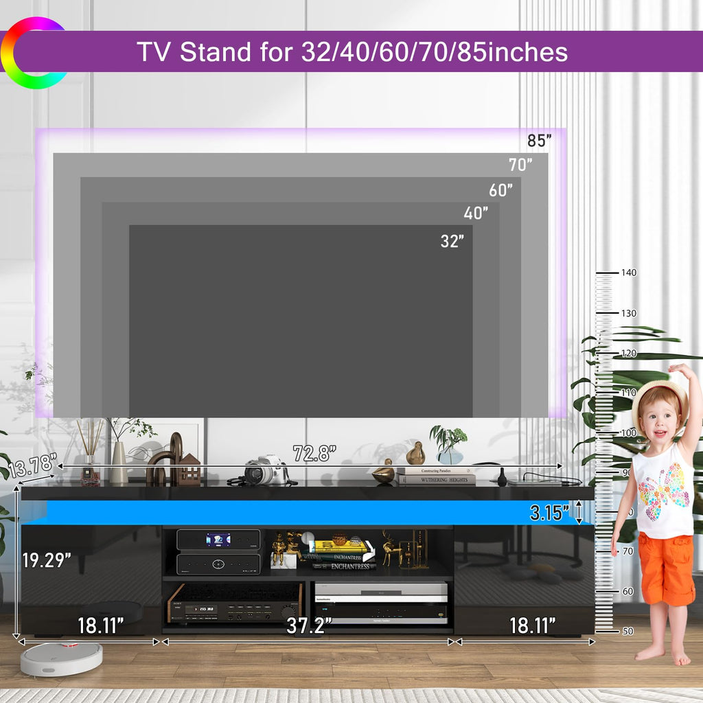 LED TV Stand for 85 Inch TV, Modern TV Stand with Power Outlet, High Gloss TV Console Entertainment Center with