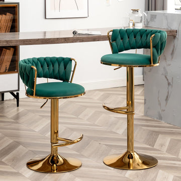 Gold Bar Stools Set of 2, Counter Height Bar Stools with Low Back, Velvet Adjustable Height Barstools, 360° Swivel