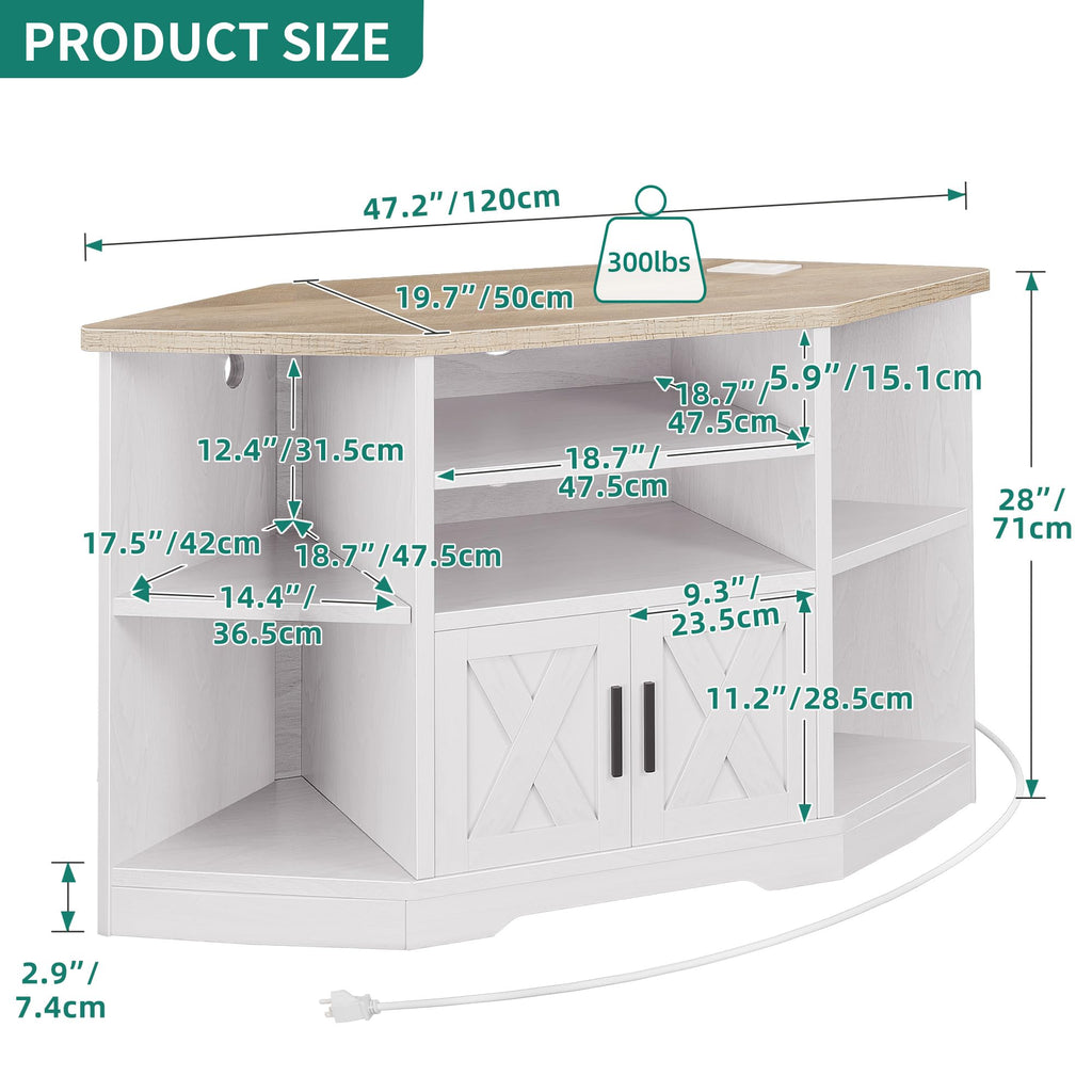 Corner TV Stand for 55/50 Inch TV, Farmhouse TV Stand, Entertainment Center with Storage & Power Outlet, TV Console