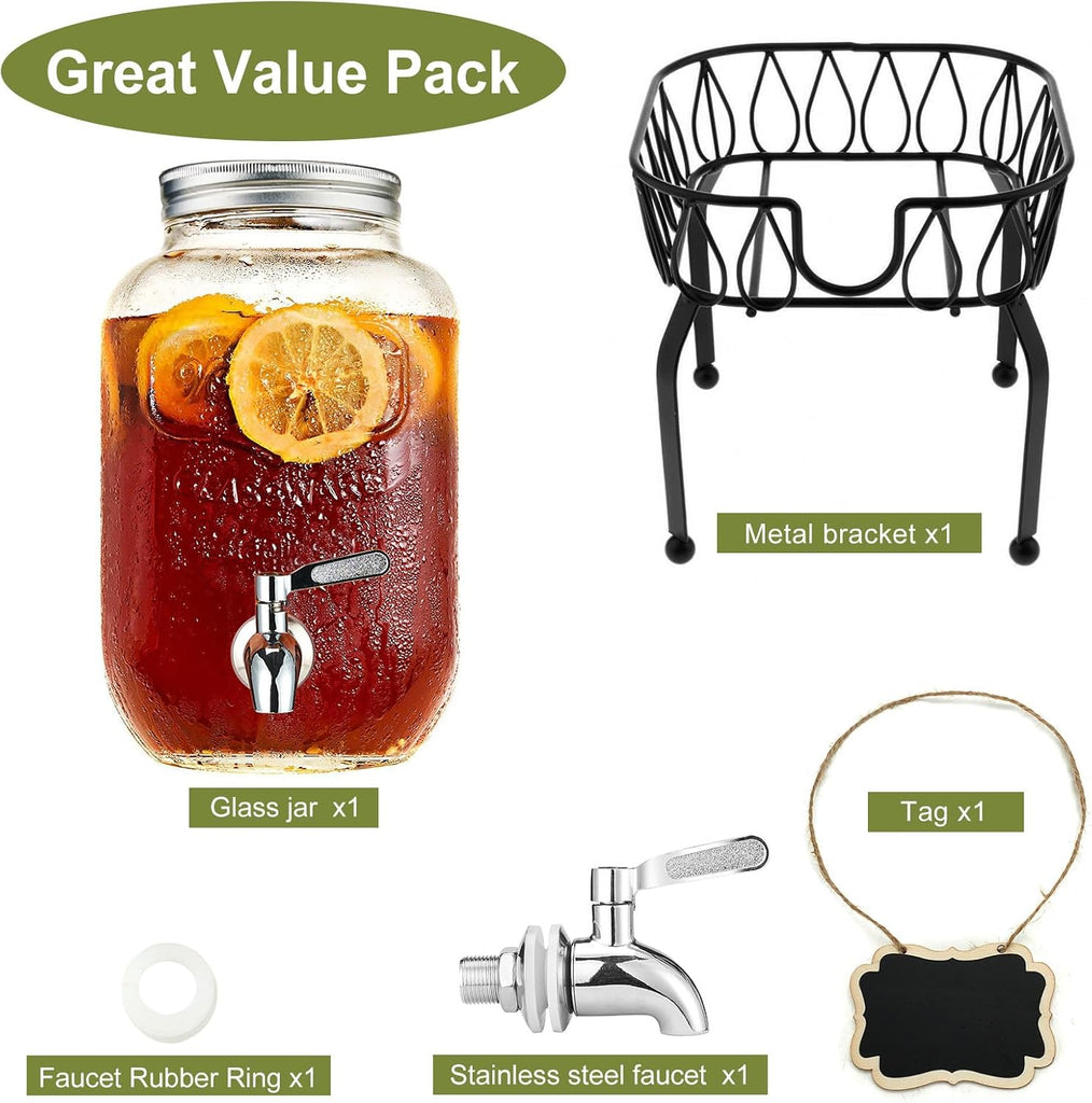 2 Gallon Beverage Dispenser with Stand and Lid, 18/8 Stainless Steel Spigot - Mason Jar Drink Dispensers with Lids