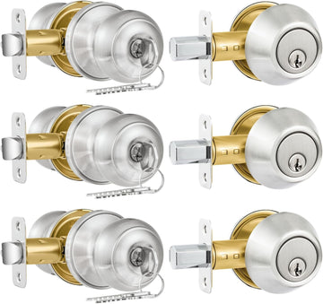 3 Pack Entry Door Lock and Single Cylinder Deadbolt Combo Set, Keyed Alike Satin Nickel Exterior Door Knobs with