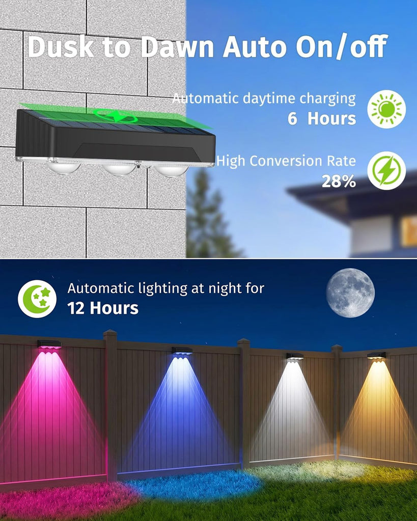 Solar Fence Lights Outdoor 8 Pack Waterproof Upgraded Brightness 3 LED Lens Solor Deck Lights Warm Cool Natural White