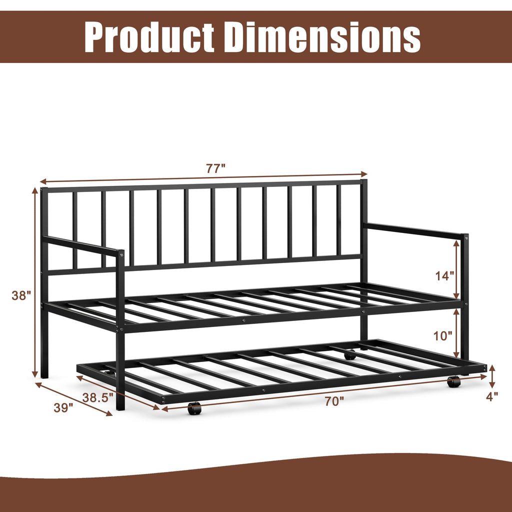 Twin Daybed with Trundle, Metal Bed Frame with Trundle, Daybed & Trundle Frame Set with Wheels & Metal Slat Support