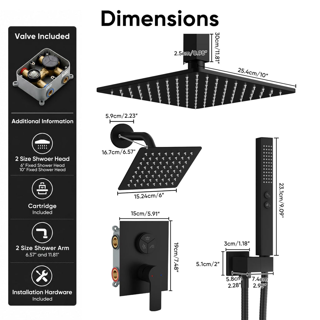 Shower Faucet Set, 10" & 6" Dual Rainfall Shower Heads with Ceiling & Wall Mount, Matte Black Shower System with
