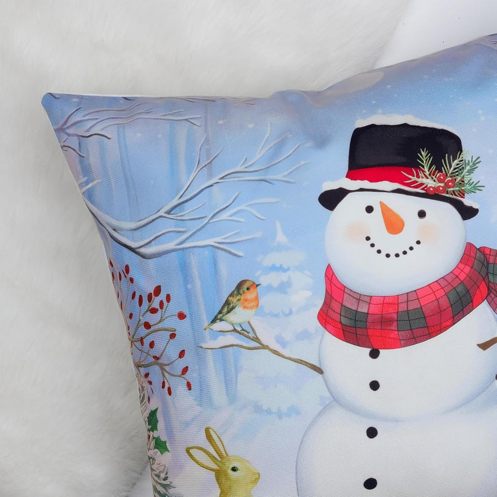 Christmas Winter Snowman Throw Pillow Covers 18x18 Inch Snowy Forest Pine Tree Winter Holiday Decorative Pillows - Set of 4