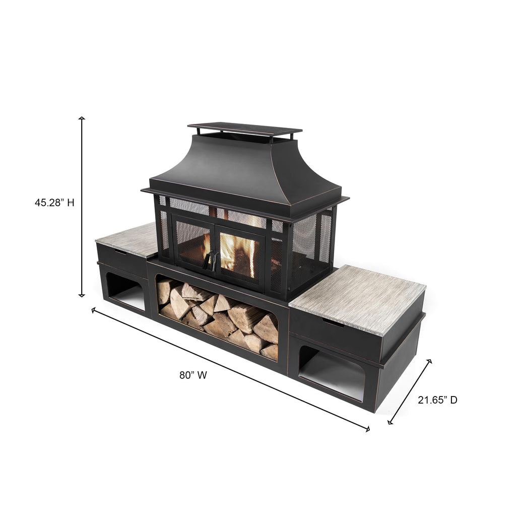 Rimasco 80-Inch Metal Wood Burner Fireplace with Side Storage Tables - Wood Burning Fire Pit - Smokeless Patio Fire