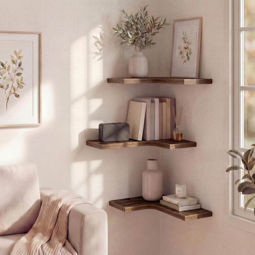 Corner Floating Shelves for Wall Mounted L-Shaped Wood Corner Wall Shelf, Hanging Shelf Decor, Set of 3 (Brown)