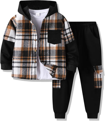 Boys Clothes Flannel Plaid Shirt Hooded Sweatshirt & Pants 3PCS Kids Boys Fall Winter Outfits Sets