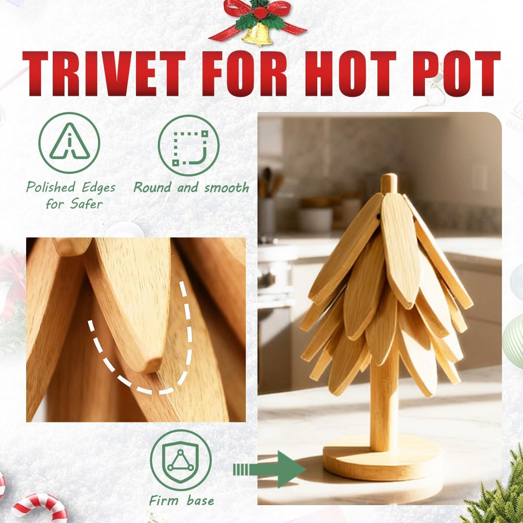 Wooden Trivet Tree Set for Hot Dishes, 100% Natural Wood Trivets, Expandable Design Coasters, Foldable Tree-Sharped - Set of 4