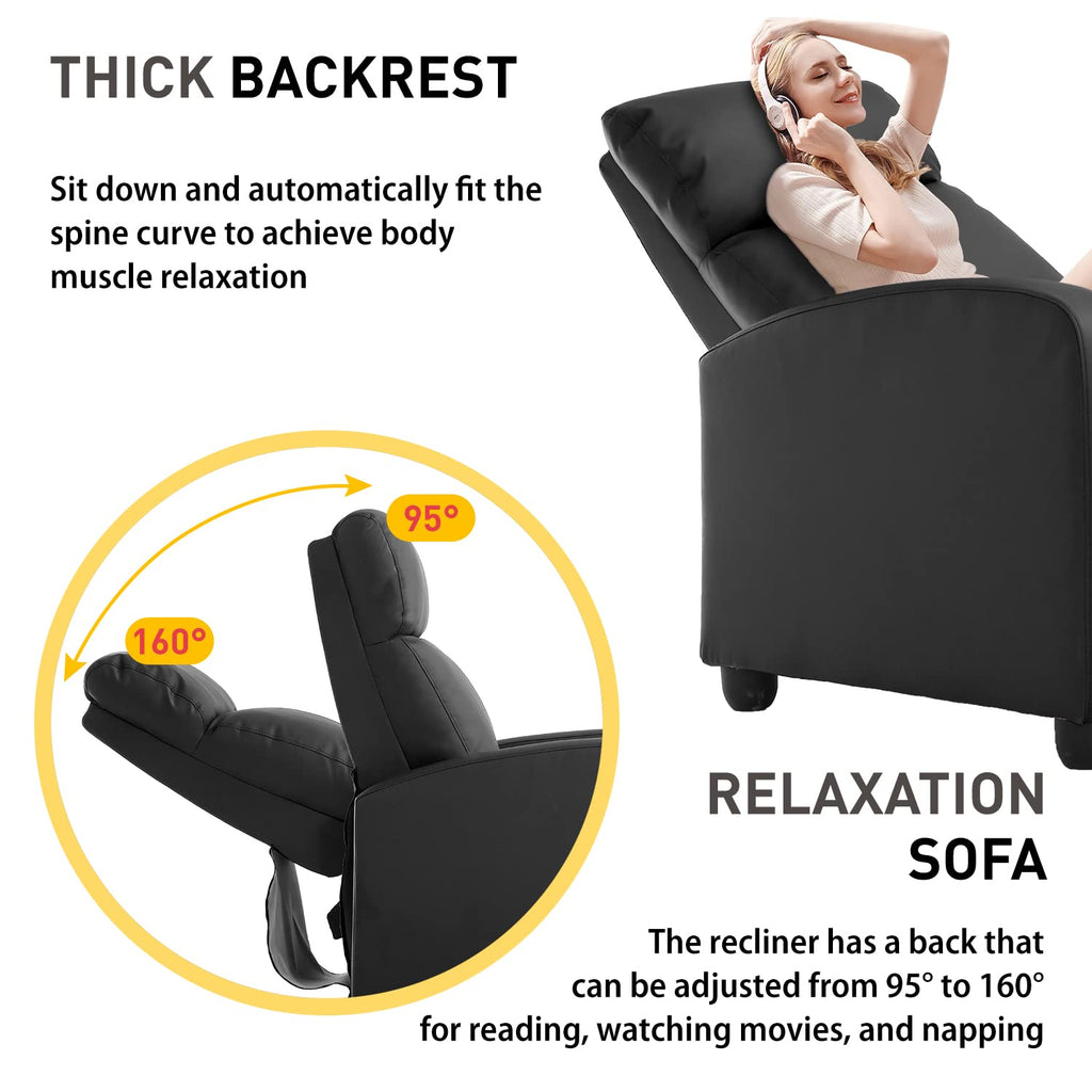 Recliner Chair Lounge Chaise Wingback Single Sofa Modern Home Theater Seating, Adjustable Height, Faux Leather, Black