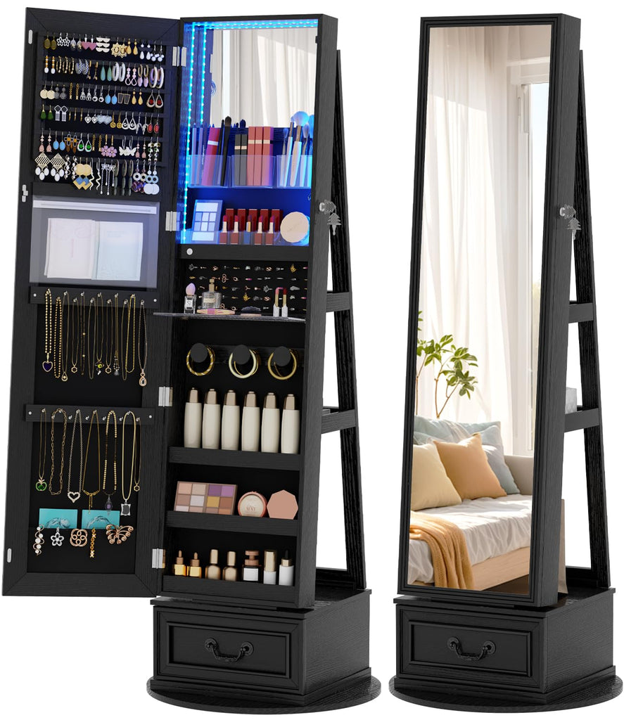 Mirror Jewelry Cabinet with Lights, Full Length Mirror and Storage