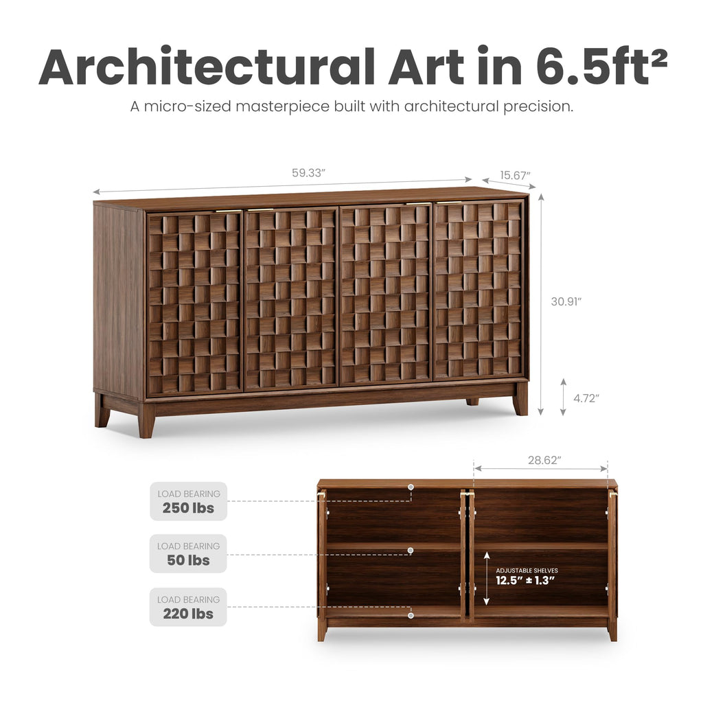 59" Fluted Sideboard Buffet Cabinet with Storage, Wood Buffet Table with 4 3D-Checkerboard Doors & Adjustable