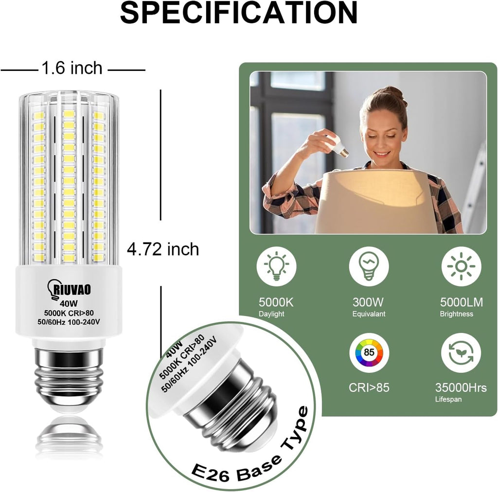 4pcs LED Light Bulb 5000LM 300w Equivalent Super Bright 5000K Cool Daylight White 40W LEDs Bulb E26/E27 Medium Base