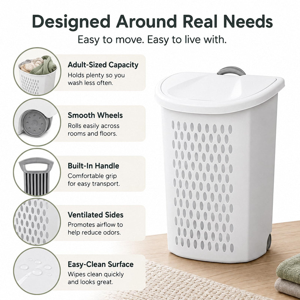 Rolling Laundry Hamper with Wheels & Handle, Plastic Basket with Lid, 135L