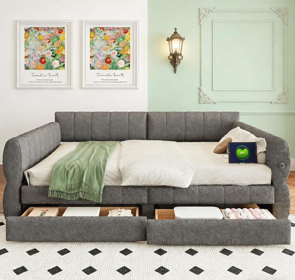 Queen daybed with USB, Queen Corner beds, Upholstered daybed with 2 Drawers for Kids,Teens,Adults, Lambswool, Gray