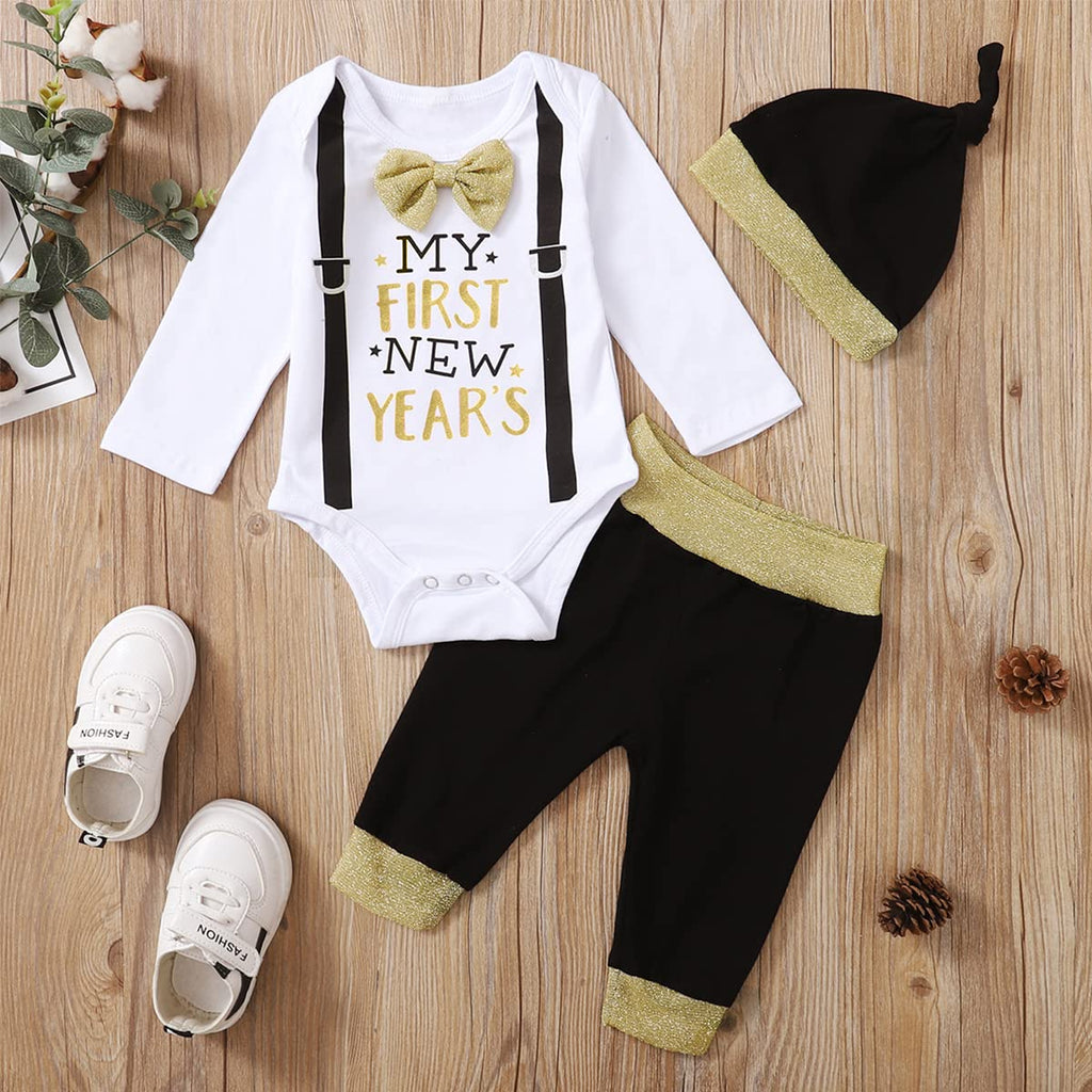 Baby Boy First New Year's Outfit Newborn Gentleman Pant Clothing Set with Hat (White, )
