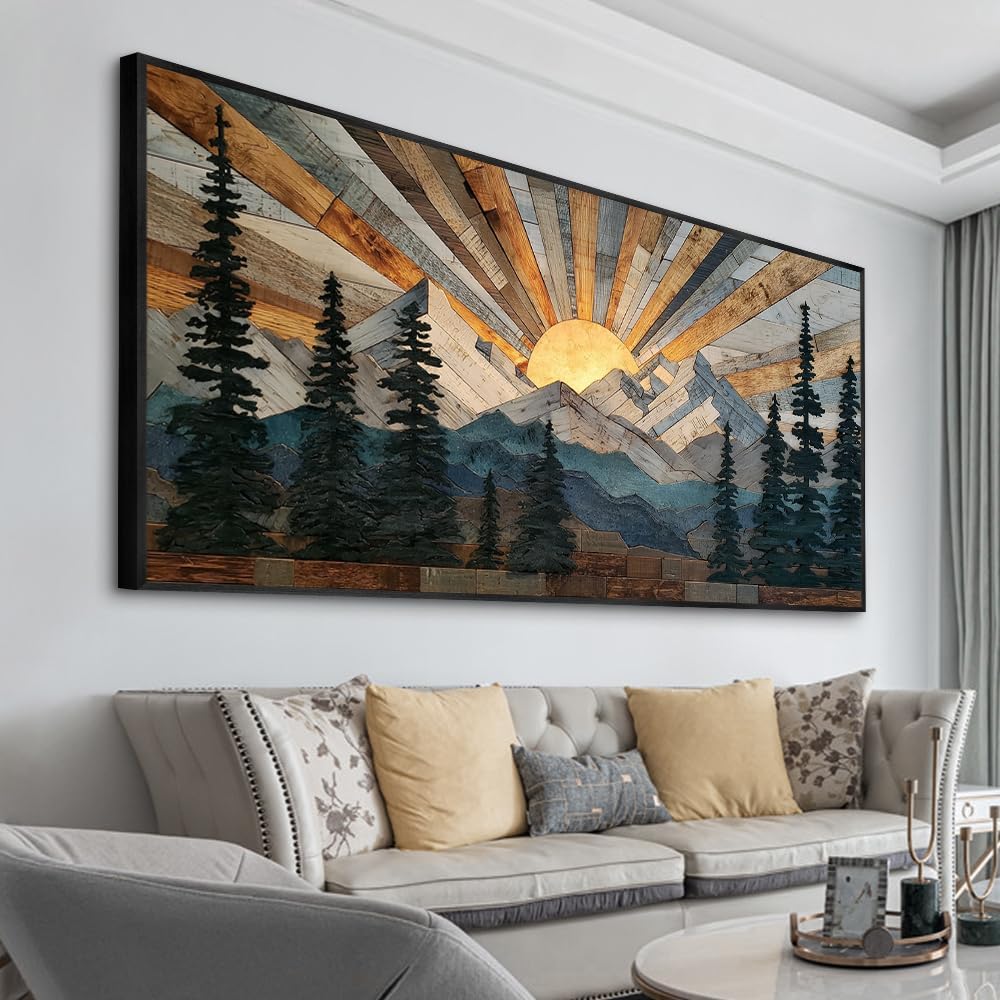 Boho Mountain Framed Wall Art Sunrise Pine Tree Forest Nature Scenery Painting Pictures Farmhouse Wall Decor Rustic