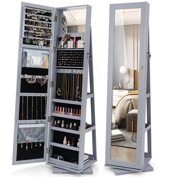 360 Rotating Jewelry Armoire Cabinet, Standing Jewelry Organizer w/Full-Length Mirror & Large Storage Space, Lockable