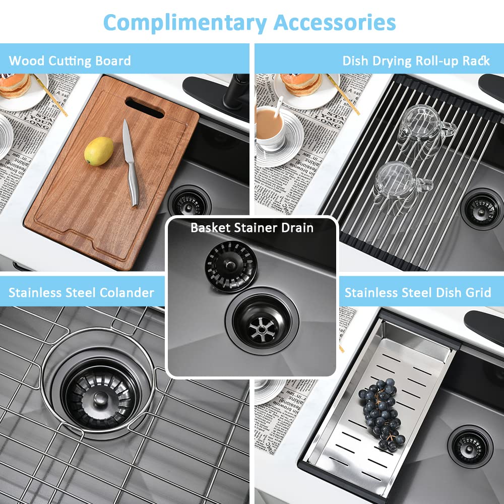 33 Inch Black Undermount Kitchen Sink Workstation- 33x19 Kitchen Sink Undermount Black Stainless Steel 16 Gauge 10"