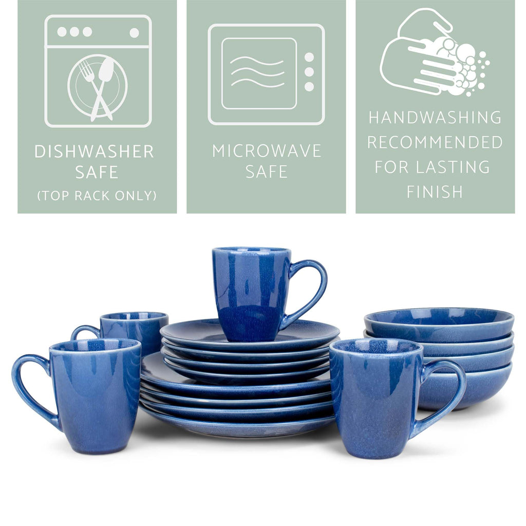Reactive Glaze Stone Ceramic Plates Bowls Mugs Classic Dinnerware 16 Piece Set - Service for 4, Blue