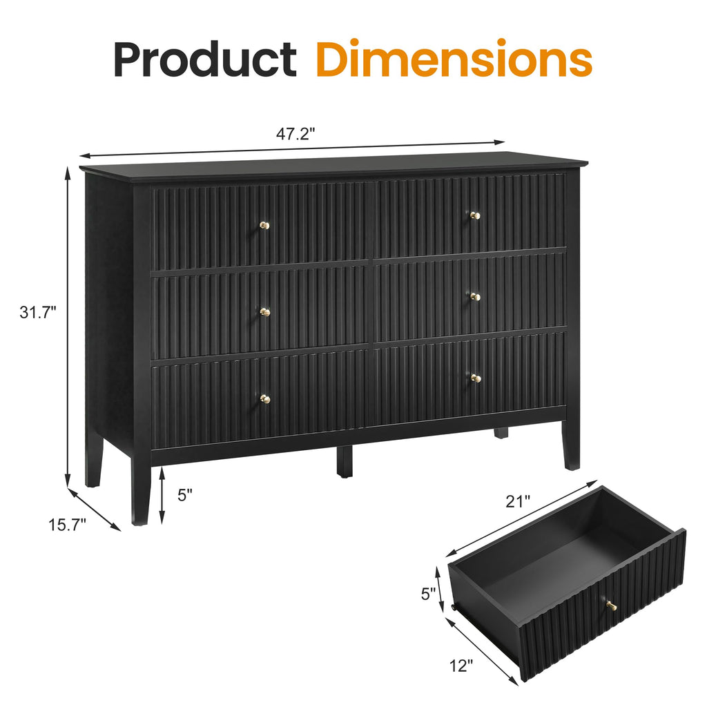 Black 6 Drawer Dresser, Fluted Dresser