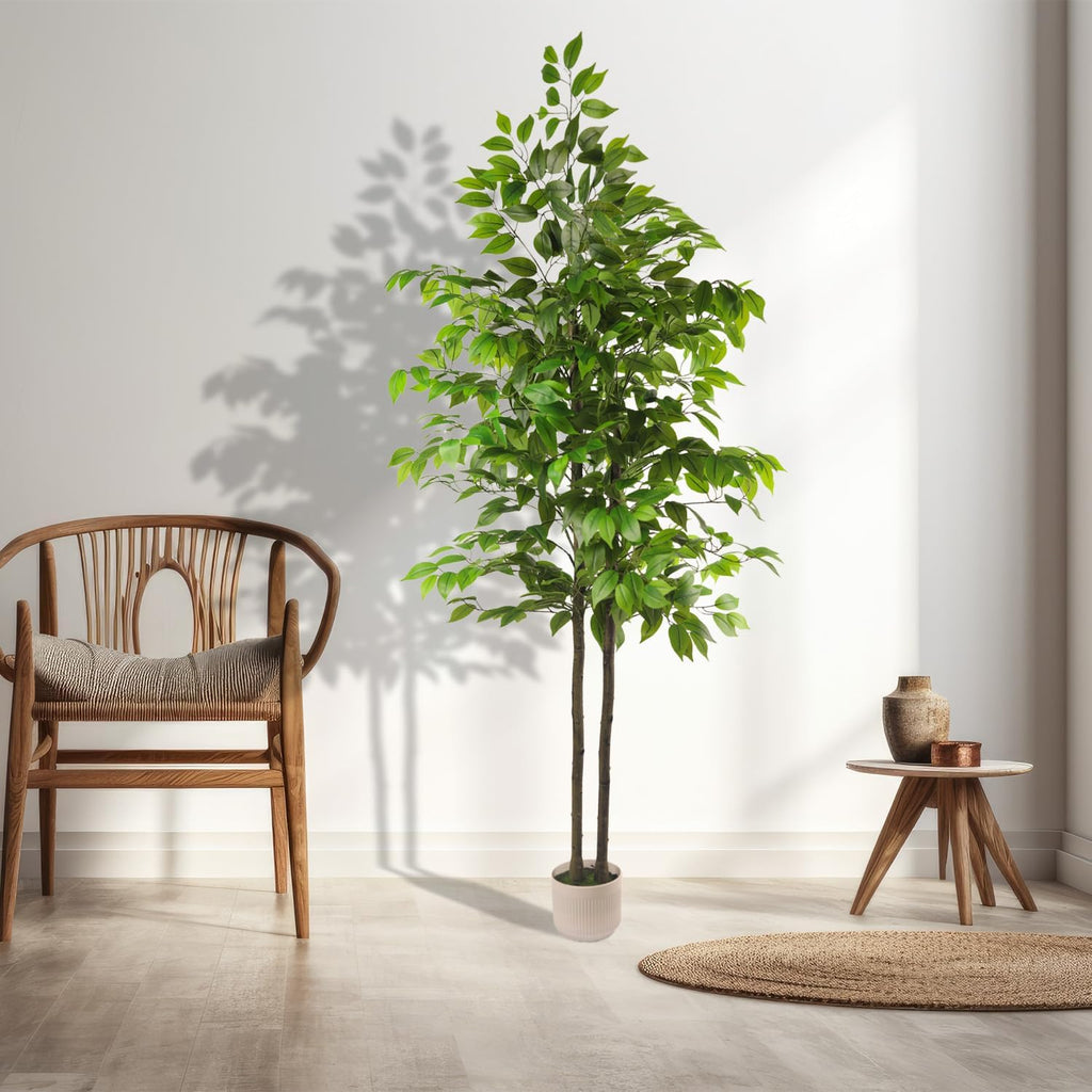 Artificial Ficus Tree 6FT Tall, Artificial Plants Indoor with White Planter Faux Ficus Tree Realistic Faux Silk Plant