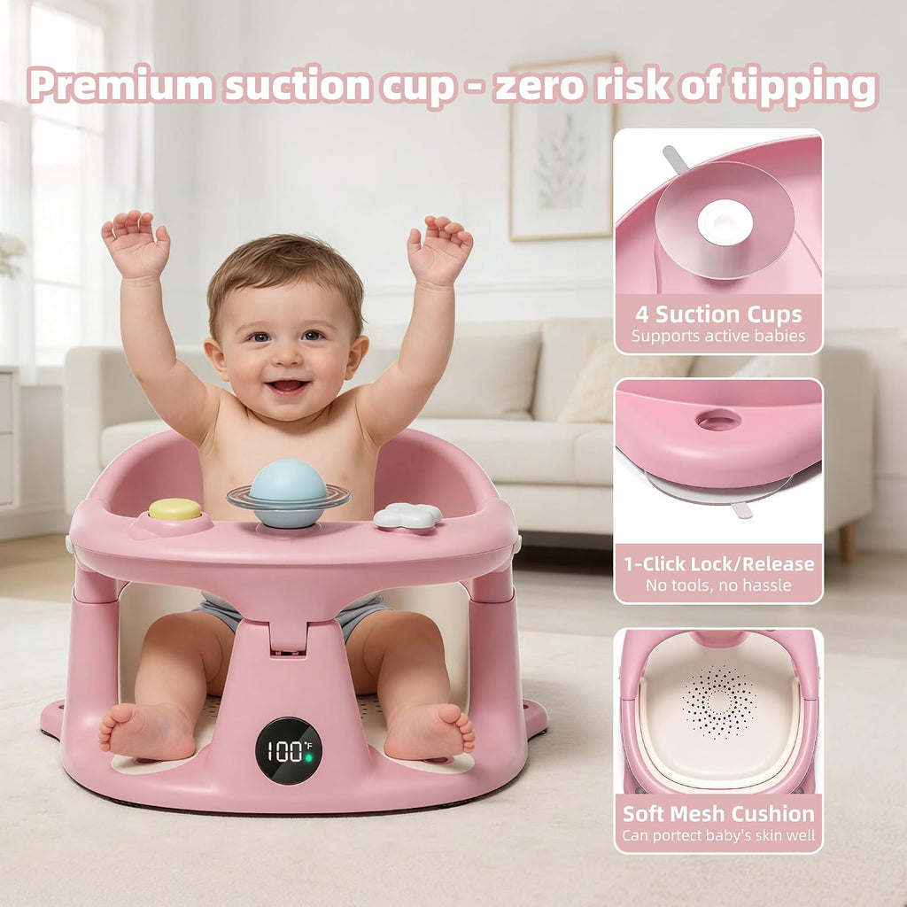 Bath Seat for Babies 6 Months & up with Thermometer, Non-Slip Toddler Bath Seats for Sitting Up, Safe Infant &