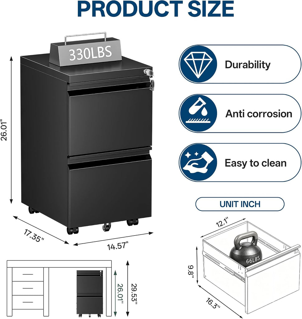 Fully Assembled 2 Drawer Mobile File Cabinet with Lock | Under Desk Metal Filing Cabinet , Rolling Storage for