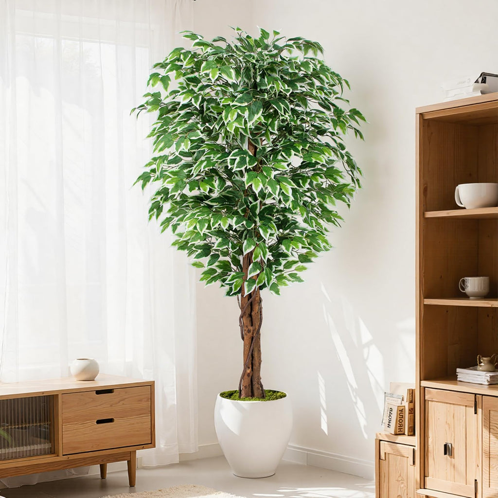 6.2ft Ficus Artificial Trees with 3 Natural Curved Trunks, 74" Tall Lush Faux Tree Decor Indoor, Green Lifelike Fake