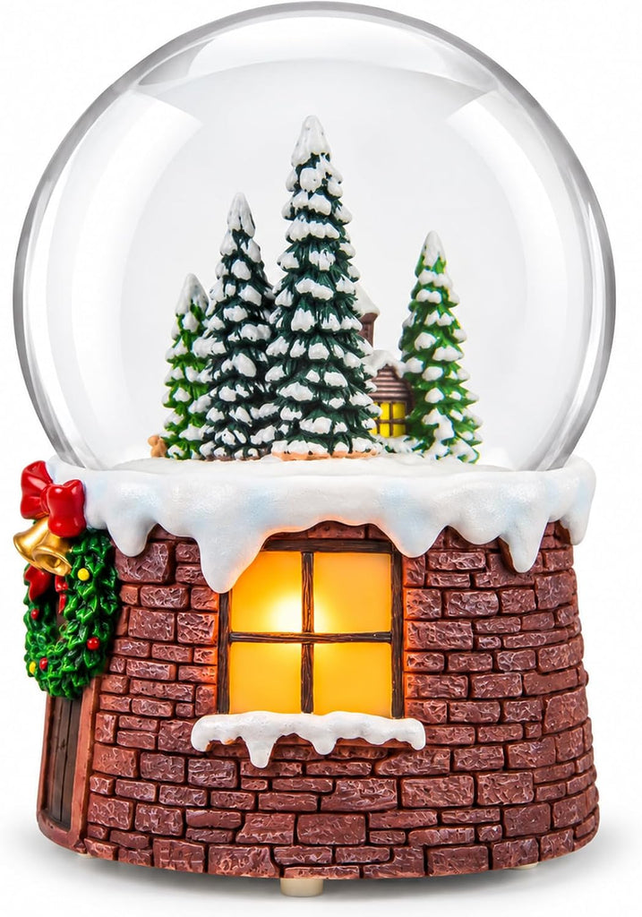 Christmas Snow Globe Music Box with Light, Falling Snow and Silent Night, Christmas Village Cottage Musical Snow