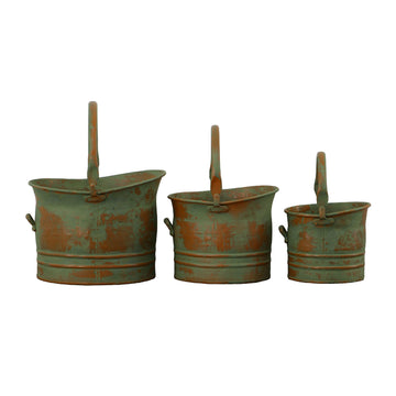 Benjara Tinged Metal Bucket Planter Set of 3, Patina Rust Green Finish, Decorative Planters with Side Handles, Rustic