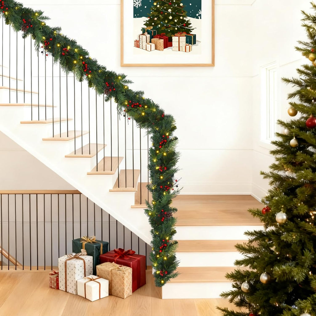 Prelit Christmas Garland with Lights 9FT 80LED Christmas Wreath Lights with Timer by Battery Operated Artificial