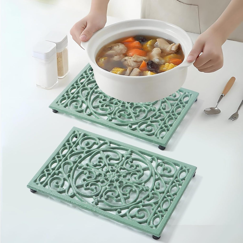 9.6 x 6.3 Inch Cast Iron Trivet Set, Large Metal Trivets for Hot Dishes Pots Pans Decorative Kitchen Trivets