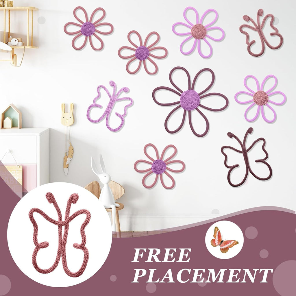 9 Pcs Boho Nursery Decor 3 Size Daisy Flower and Butterflies Woven Macrame Wall Hanging Nursery Bedroom Dorm Wall
