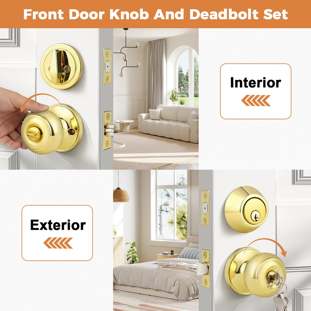 Polished Brass Keyed Entry Door Knob and Single Cylinder Deadbolt Lock Combo Set, Keyed Alike, Set of 4