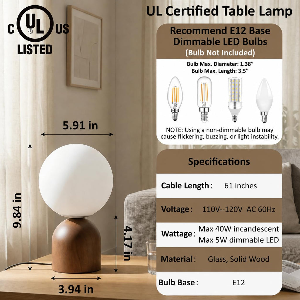 9.8" Dimmable Solid Wood Table Lamp with Opal Glass Globe Shade, Walnut